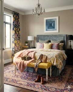 Hand-knotted blue Persian carpet styled in a Johannesburg bedroom, available for viewing by appointment.