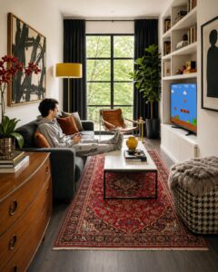 Hand-knotted Kashan Persian carpet styled in a Johannesburg lounge, available to view by private appointment.