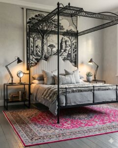 Hand-knotted Persian carpet styled in a Johannesburg bedroom, available for viewing by private appointment.
