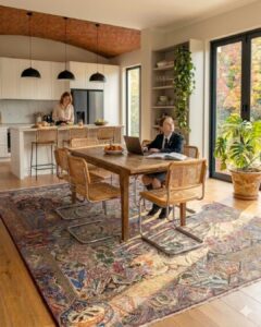 Hand-knotted Persian carpet styled in a Johannesburg dining room, available for viewing by private appointment.