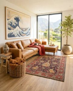 Hand-knotted Persian carpet styled in a Johannesburg lounge, available for viewing by private appointment.